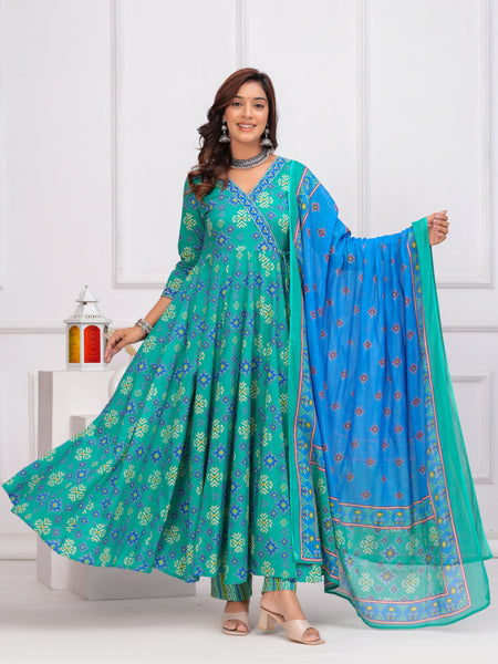 Sea Green Pure Cotton Floral V Neck Angrakha Kurta, Pant & Dupatta Set For Women Mizaz Jaipur