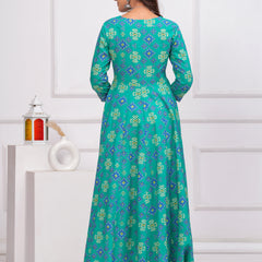 Sea Green Pure Cotton Floral V Neck Angrakha Kurta, Pant & Dupatta Set For Women Mizaz Jaipur