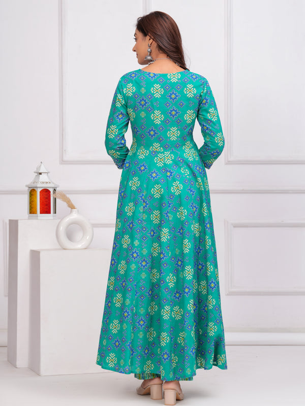 Sea Green Pure Cotton Floral V Neck Angrakha Kurta, Pant & Dupatta Set For Women Mizaz Jaipur