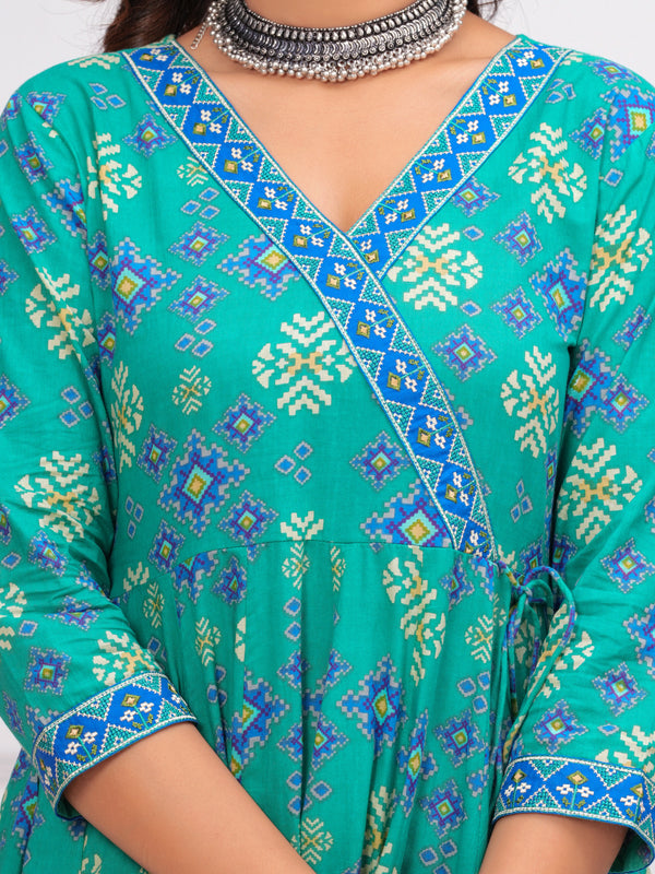 Sea Green Pure Cotton Floral V Neck Angrakha Kurta, Pant & Dupatta Set For Women Mizaz Jaipur