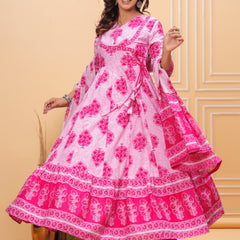 Pink Pure Cotton Floral V Neck Angrakha Kurta, Pant & Dupatta Set For Women Mizaz Jaipur