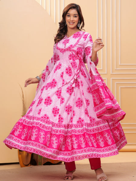 Pink Pure Cotton Floral V Neck Angrakha Kurta, Pant & Dupatta Set For Women Mizaz Jaipur