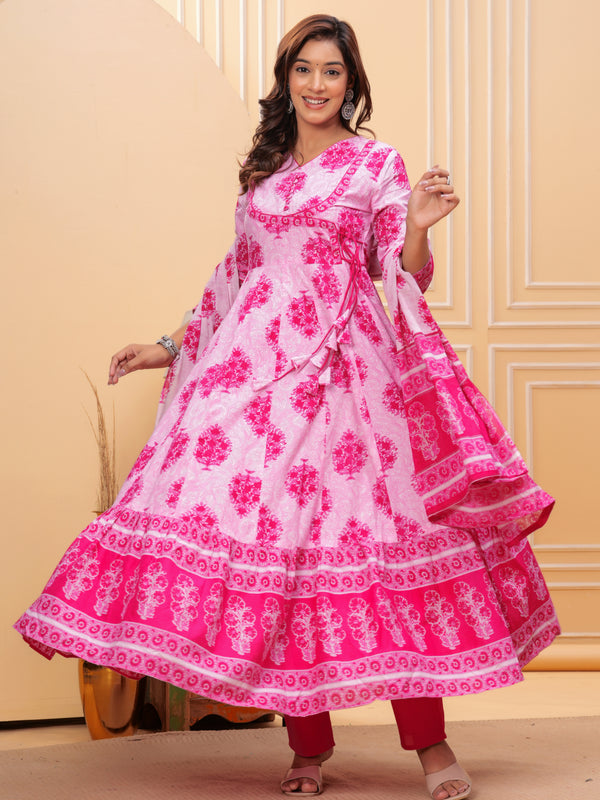 Pink Pure Cotton Floral V Neck Angrakha Kurta, Pant & Dupatta Set For Women Mizaz Jaipur
