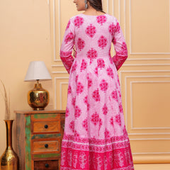 Pink Pure Cotton Floral V Neck Angrakha Kurta, Pant & Dupatta Set For Women Mizaz Jaipur