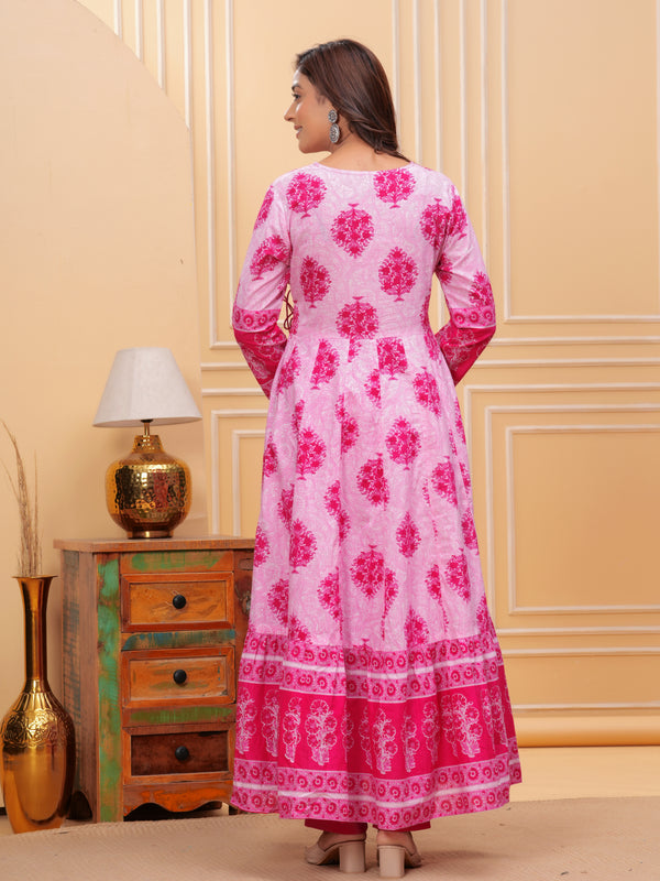 Pink Pure Cotton Floral V Neck Angrakha Kurta, Pant & Dupatta Set For Women Mizaz Jaipur