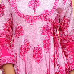 Pink Pure Cotton Floral V Neck Angrakha Kurta, Pant & Dupatta Set For Women Mizaz Jaipur
