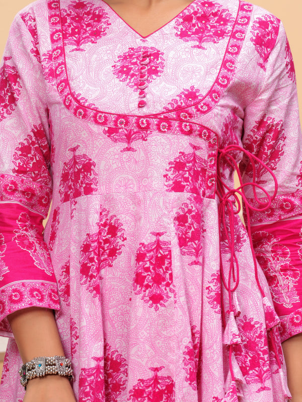 Pink Pure Cotton Floral V Neck Angrakha Kurta, Pant & Dupatta Set For Women Mizaz Jaipur