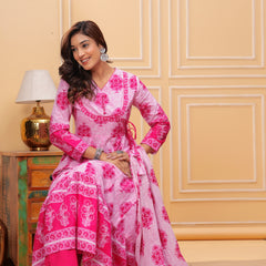 Pink Pure Cotton Floral V Neck Angrakha Kurta, Pant & Dupatta Set For Women Mizaz Jaipur