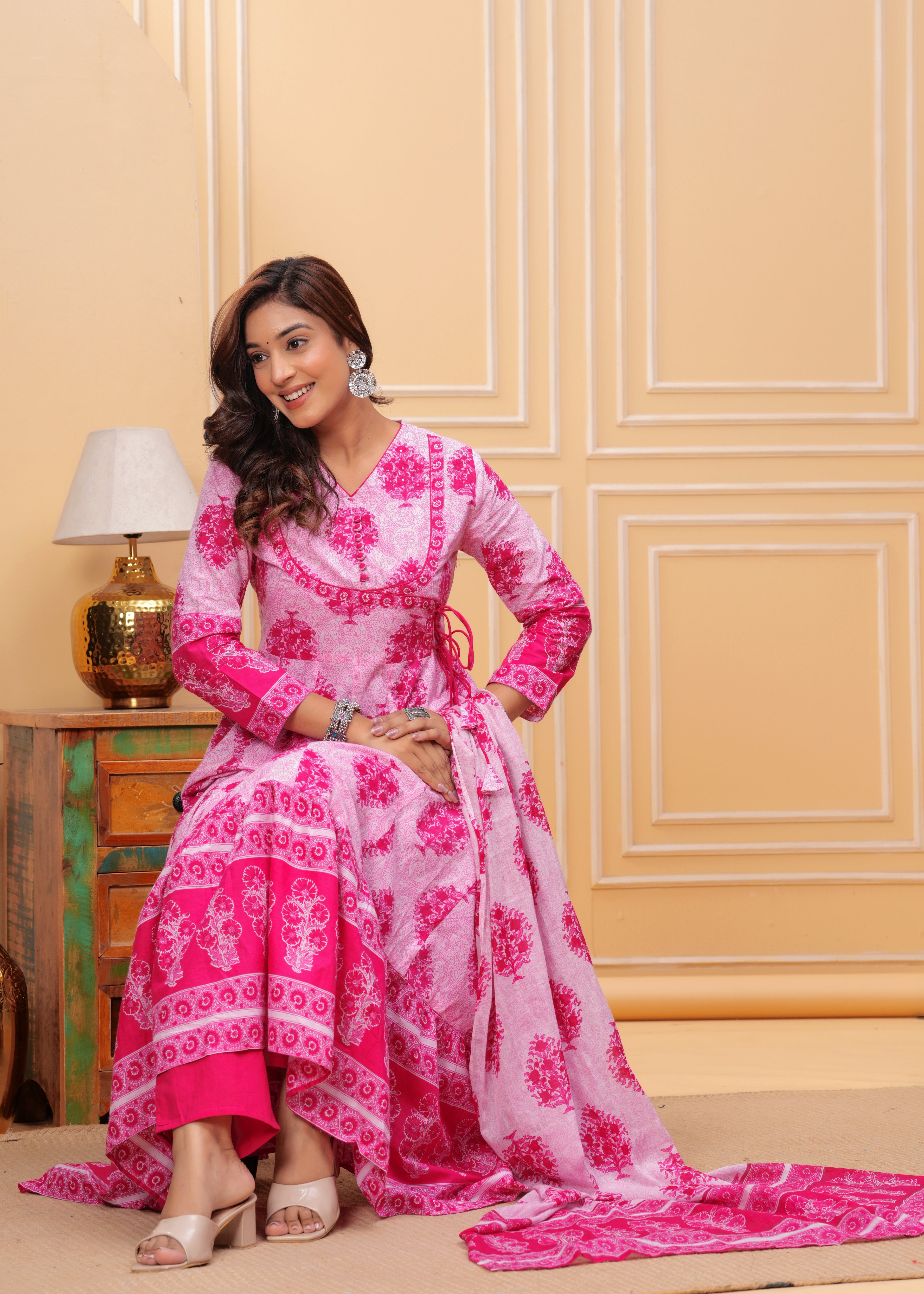 Pink Pure Cotton Floral V Neck Angrakha Kurta, Pant & Dupatta Set For Women Mizaz Jaipur