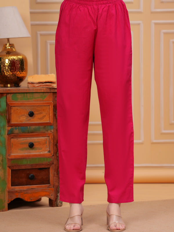 Pink Pure Cotton Floral V Neck Angrakha Kurta, Pant & Dupatta Set For Women Mizaz Jaipur
