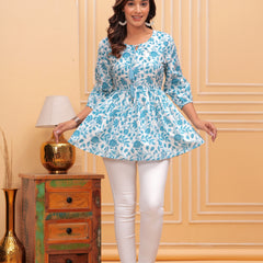 White Pure Cotton Round Neck Floral Print Top For Women Mizaz Jaipur