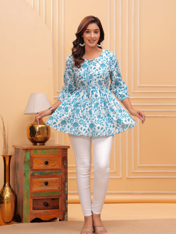 White Pure Cotton Round Neck Floral Print Top For Women Mizaz Jaipur