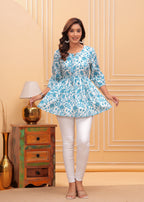 White Pure Cotton Round Neck Floral Print Top For Women Mizaz Jaipur