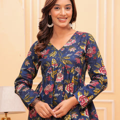 Blue Pure Cotton V-Neck Floral Print Top For Women Mizaz Jaipur