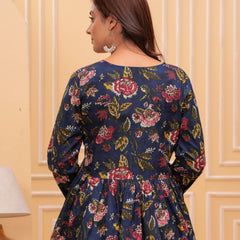 Blue Pure Cotton V-Neck Floral Print Top For Women Mizaz Jaipur