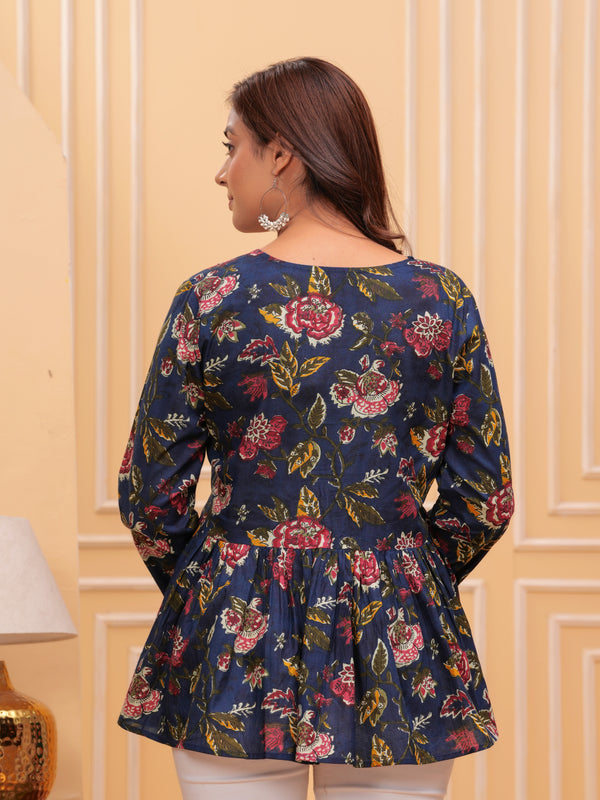 Blue Pure Cotton V-Neck Floral Print Top For Women Mizaz Jaipur