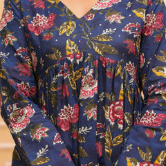 Blue Pure Cotton V-Neck Floral Print Top For Women Mizaz Jaipur