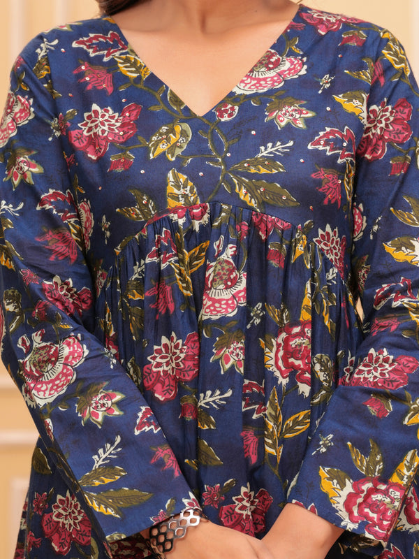 Blue Pure Cotton V-Neck Floral Print Top For Women Mizaz Jaipur