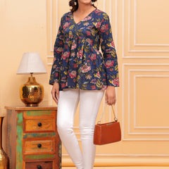 Blue Pure Cotton V-Neck Floral Print Top For Women Mizaz Jaipur