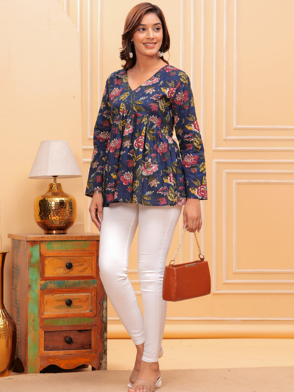 Blue Pure Cotton V-Neck Floral Print Top For Women Mizaz Jaipur