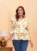 White Pure Cotton V-Neck Floral Print Top For Women Mizaz Jaipur
