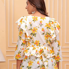 White Pure Cotton V-Neck Floral Print Top For Women Mizaz Jaipur