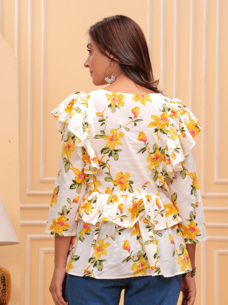 White Pure Cotton V-Neck Floral Print Top For Women Mizaz Jaipur