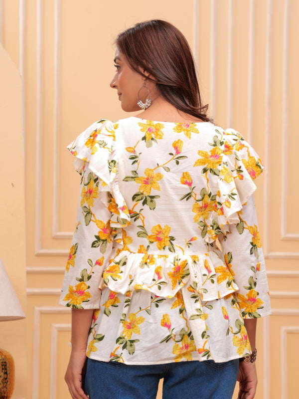 White Pure Cotton V-Neck Floral Print Top For Women Mizaz Jaipur