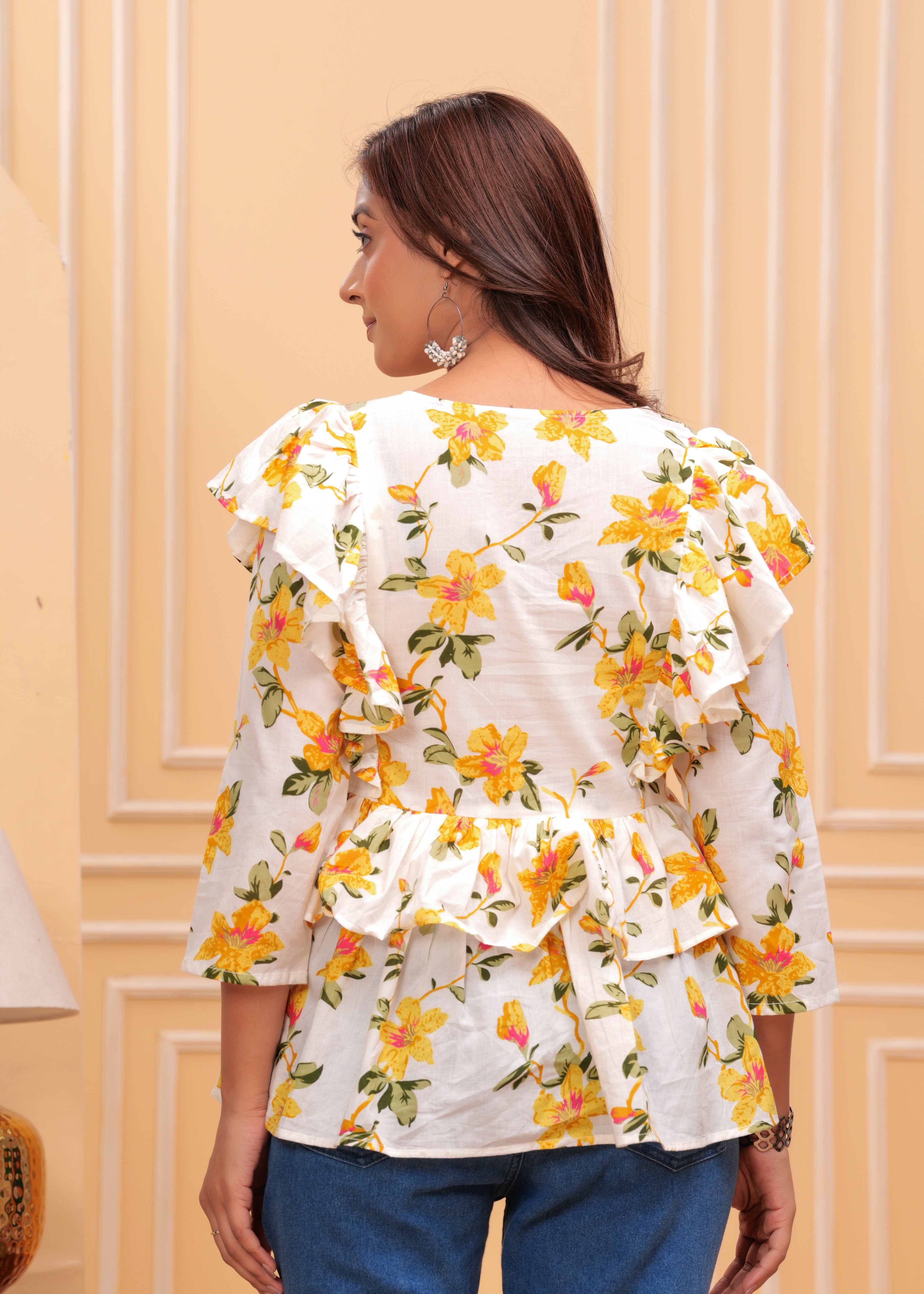 White Pure Cotton V-Neck Floral Print Top For Women Mizaz Jaipur