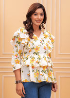 White Pure Cotton V-Neck Floral Print Top For Women Mizaz Jaipur