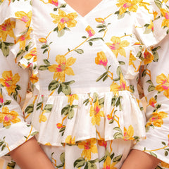White Pure Cotton V-Neck Floral Print Top For Women Mizaz Jaipur