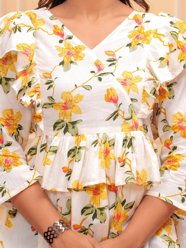 White Pure Cotton V-Neck Floral Print Top For Women Mizaz Jaipur