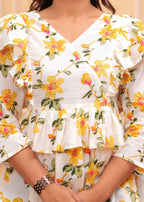 White Pure Cotton V-Neck Floral Print Top For Women Mizaz Jaipur