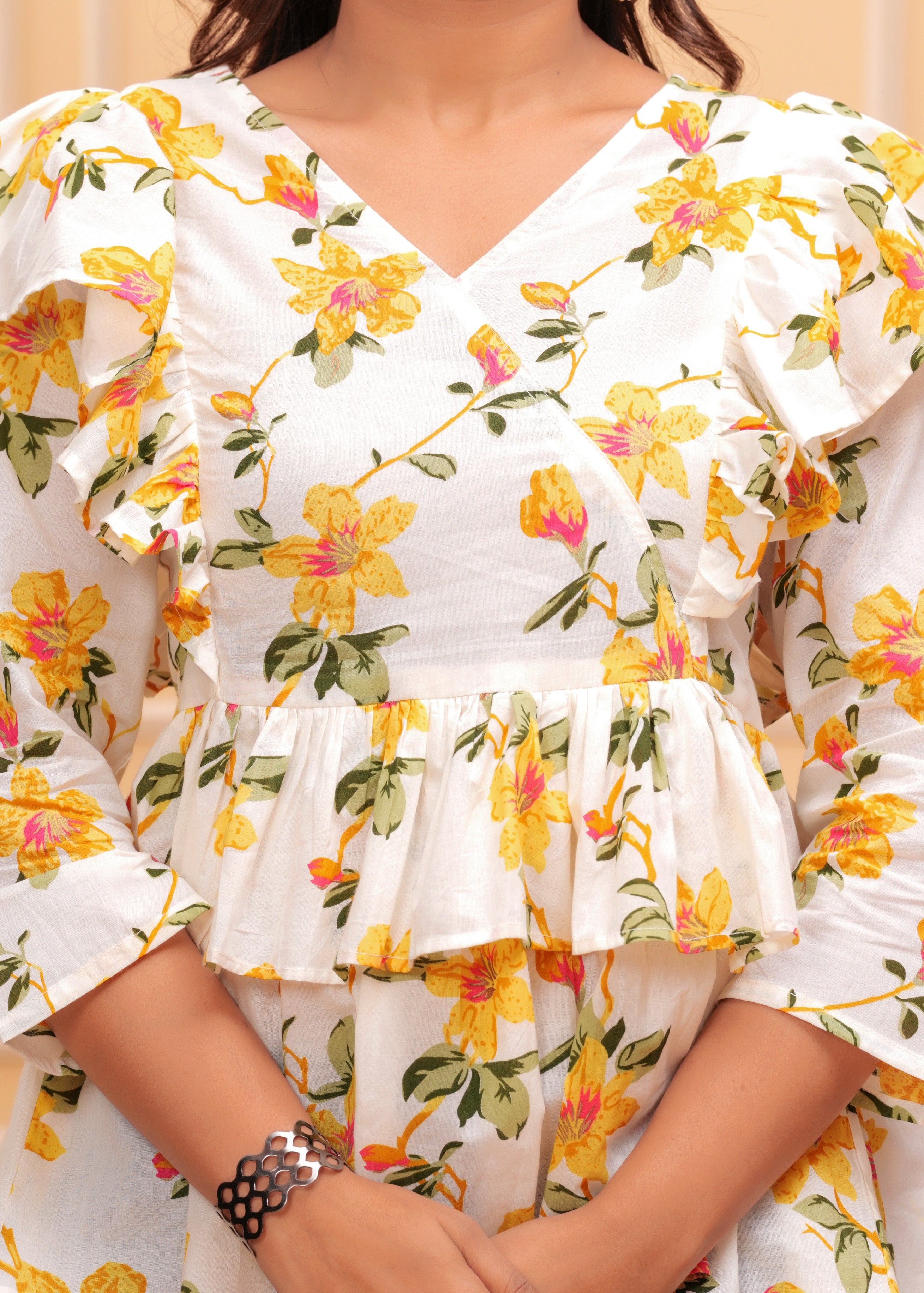 White Pure Cotton V-Neck Floral Print Top For Women Mizaz Jaipur