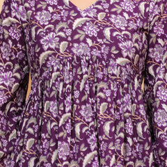 Purple Pure Cotton V-Neck Floral Print Top For Women Mizaz Jaipur