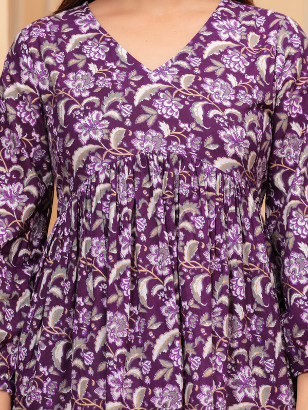 Purple Pure Cotton V-Neck Floral Print Top For Women Mizaz Jaipur