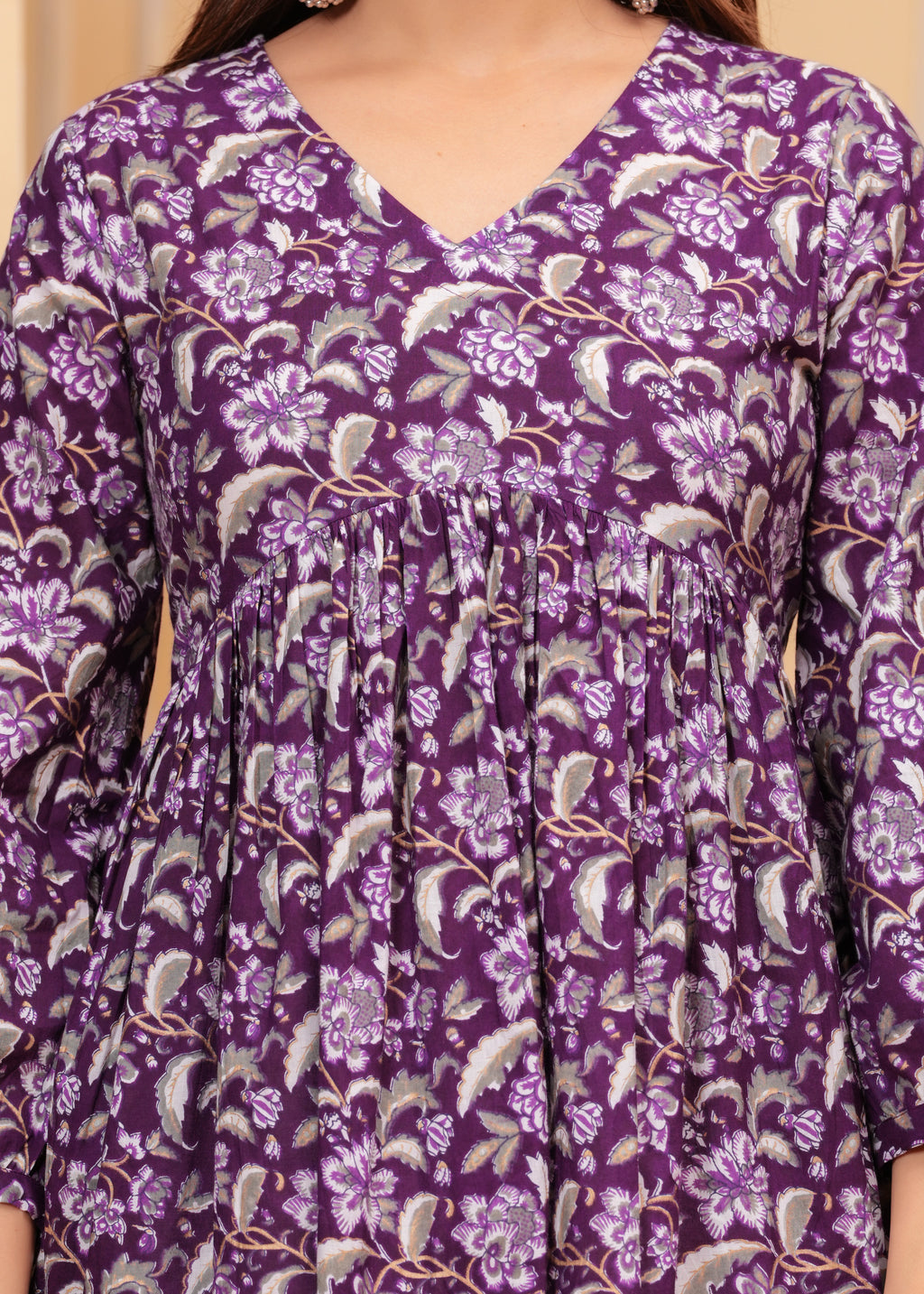 Purple Pure Cotton V-Neck Floral Print Top For Women Mizaz Jaipur