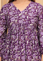Purple Pure Cotton V-Neck Floral Print Top For Women Mizaz Jaipur