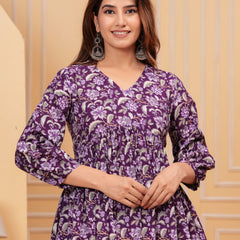 Purple Pure Cotton V-Neck Floral Print Top For Women Mizaz Jaipur