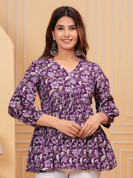 Purple Pure Cotton V-Neck Floral Print Top For Women Mizaz Jaipur