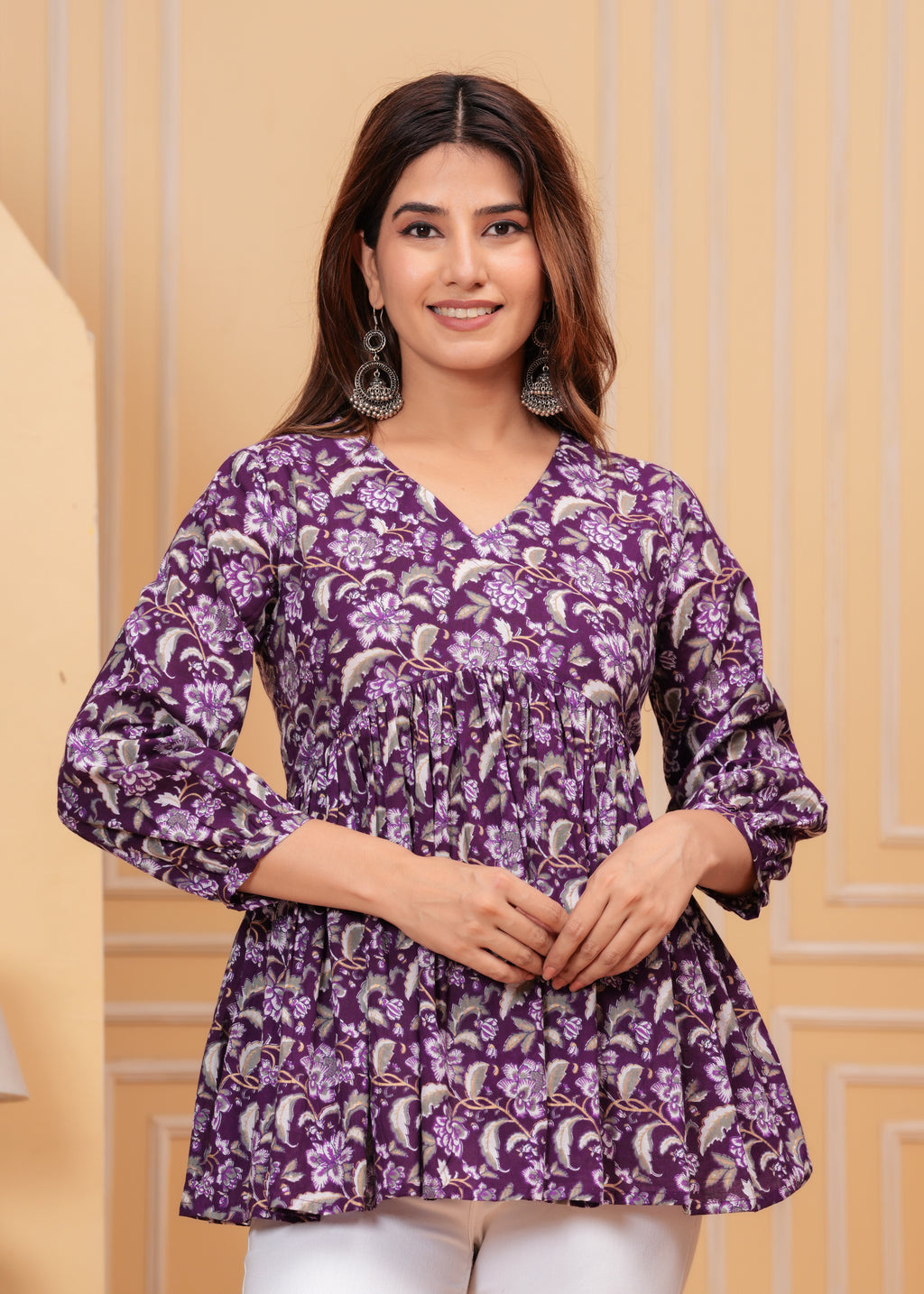 Purple Pure Cotton V-Neck Floral Print Top For Women Mizaz Jaipur