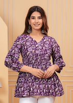Purple Pure Cotton V-Neck Floral Print Top For Women Mizaz Jaipur