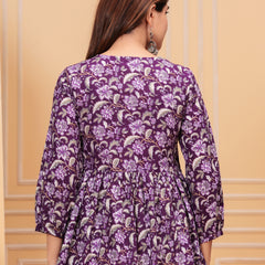 Purple Pure Cotton V-Neck Floral Print Top For Women Mizaz Jaipur