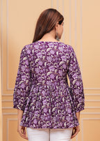 Purple Pure Cotton V-Neck Floral Print Top For Women Mizaz Jaipur