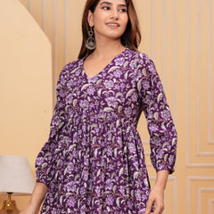 Purple Pure Cotton V-Neck Floral Print Top For Women Mizaz Jaipur