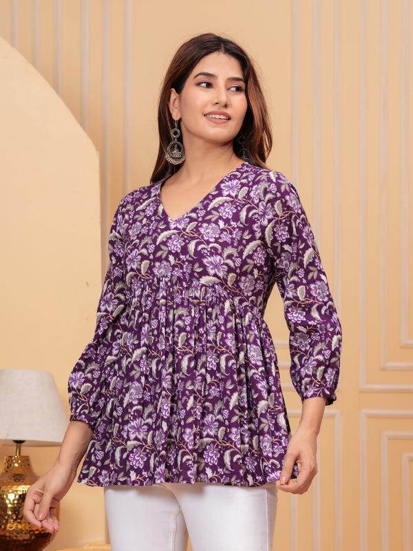 Purple Pure Cotton V-Neck Floral Print Top For Women Mizaz Jaipur
