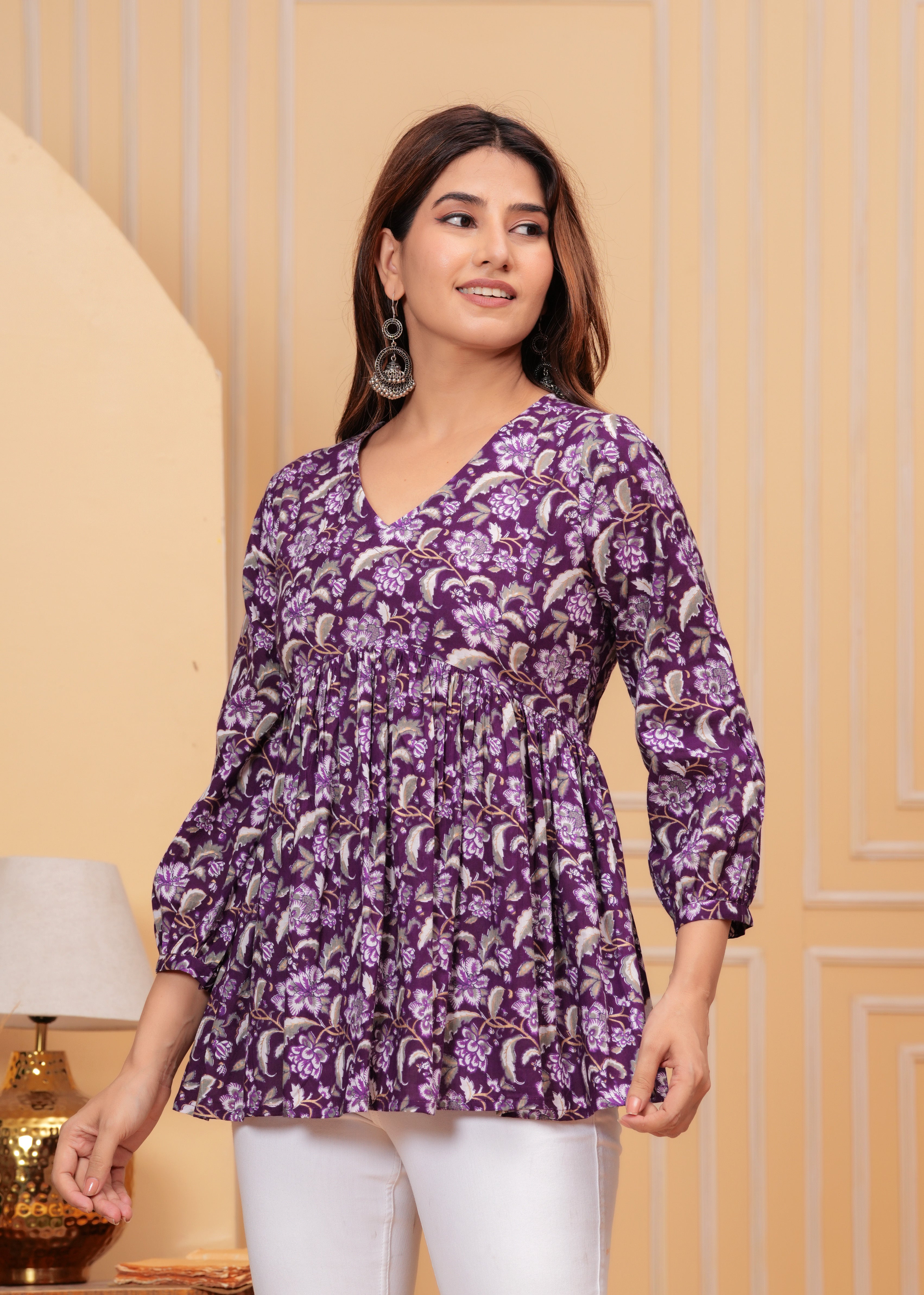 Purple Pure Cotton V-Neck Floral Print Top For Women Mizaz Jaipur
