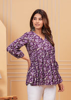 Purple Pure Cotton V-Neck Floral Print Top For Women Mizaz Jaipur