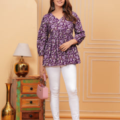 Purple Pure Cotton V-Neck Floral Print Top For Women Mizaz Jaipur