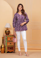 Purple Pure Cotton V-Neck Floral Print Top For Women Mizaz Jaipur
